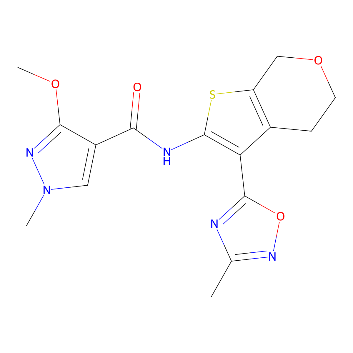3-methoxy-1-methyl-N-(3-(3-methyl-1,2,4-oxadiazol-5-yl)-5,7-dihydro-4H-thieno[2,3-c]pyran-2-yl)-1H-pyrazole-4-carboxamide molecular structure, CAS 2034484-50-7