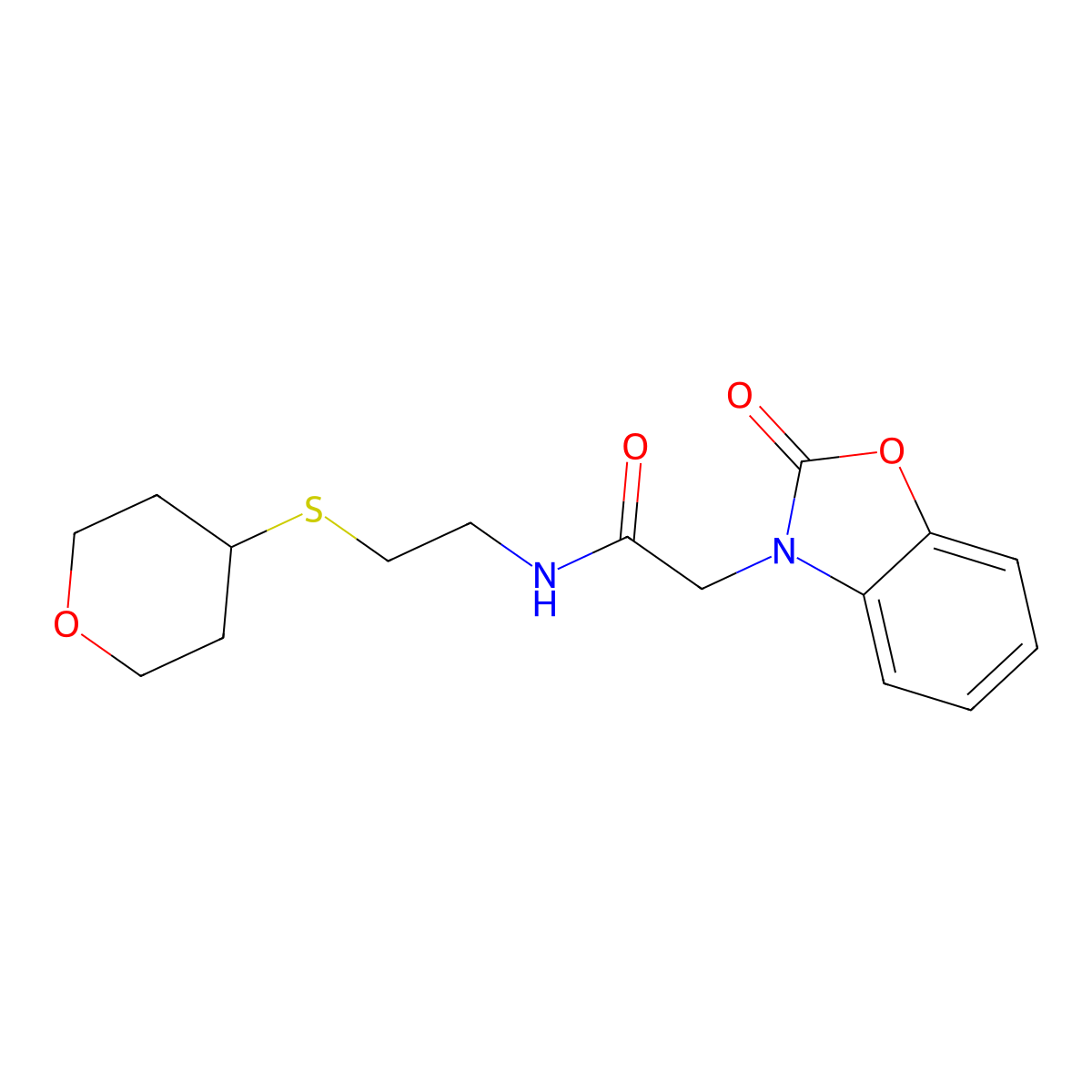 2-(2-oxobenzo[d]oxazol-3(2H)-yl)-N-(2-((tetrahydro-2H-pyran-4-yl)thio)ethyl)acetamide molecular structure, CAS 2034484-51-8