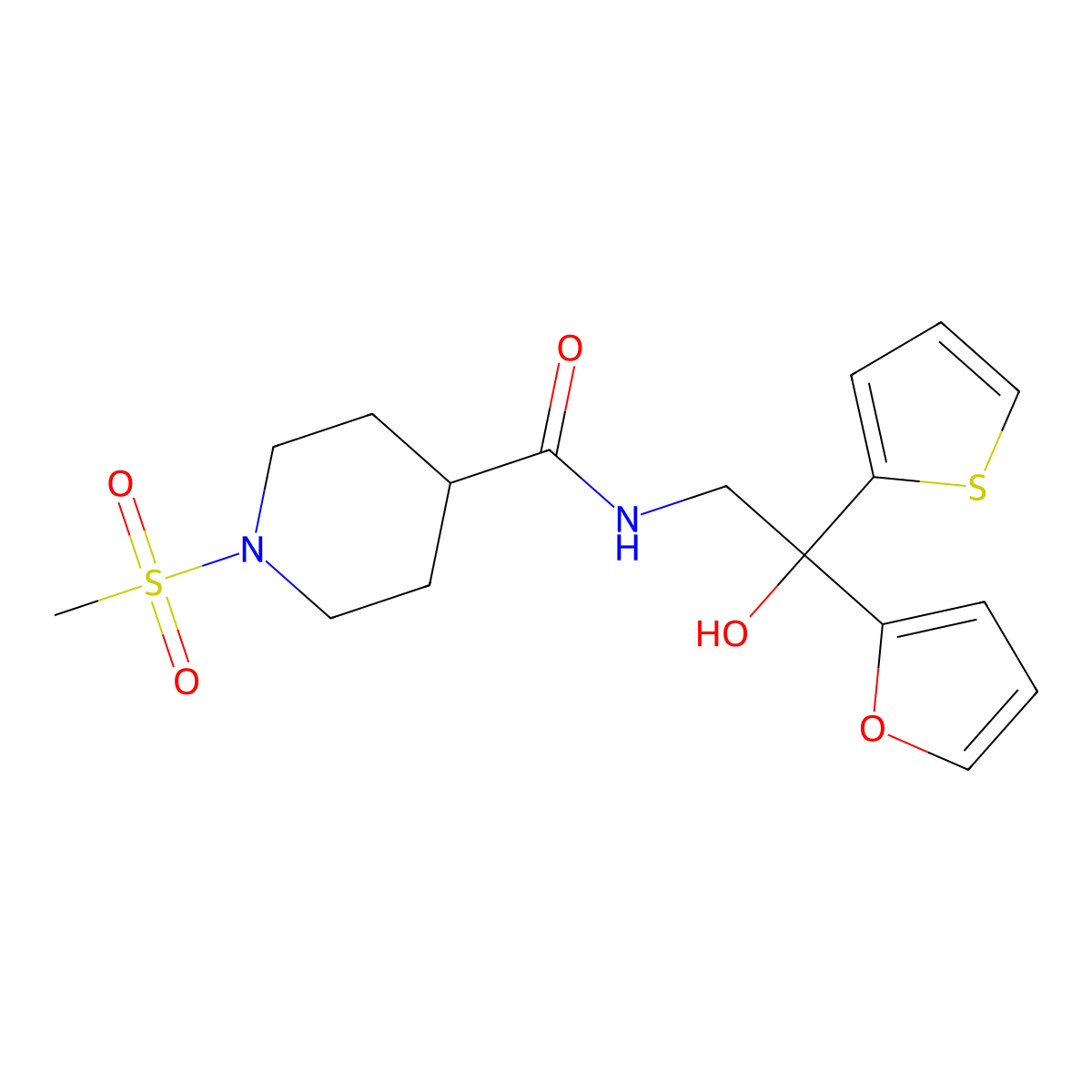 N-(2-(furan-2-yl)-2-hydroxy-2-(thiophen-2-yl)ethyl)-1-(methylsulfonyl)piperidine-4-carboxamide molecular structure, CAS 2034484-52-9