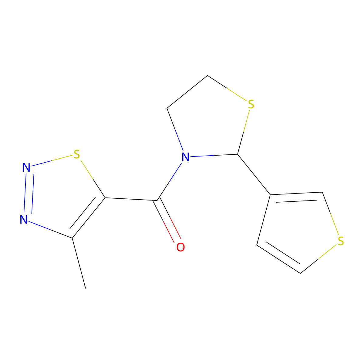 (4-Methyl-1,2,3-thiadiazol-5-yl)(2-(thiophen-3-yl)thiazolidin-3-yl)methanone molecular structure, CAS 2034484-55-2