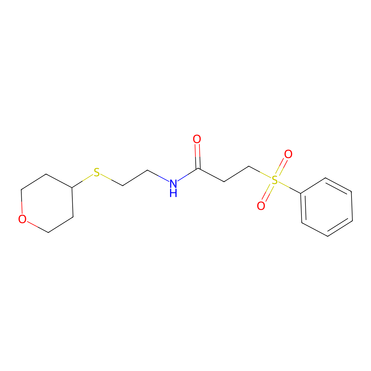 3-(phenylsulfonyl)-N-(2-((tetrahydro-2H-pyran-4-yl)thio)ethyl)propanamide molecular structure, CAS 2034484-58-5