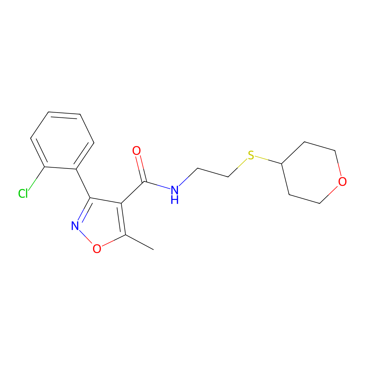 3-(2-chlorophenyl)-5-methyl-N-(2-((tetrahydro-2H-pyran-4-yl)thio)ethyl)isoxazole-4-carboxamide molecular structure, CAS 2034484-65-4