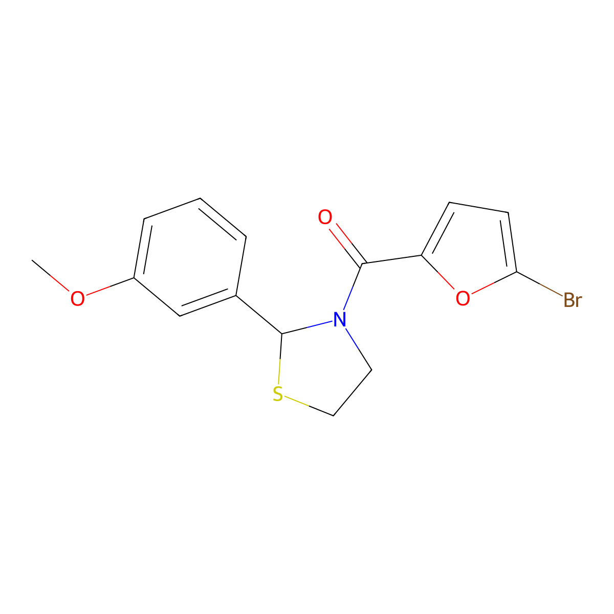 (5-Bromofuran-2-yl)(2-(3-methoxyphenyl)thiazolidin-3-yl)methanone molecular structure, CAS 2034484-67-6