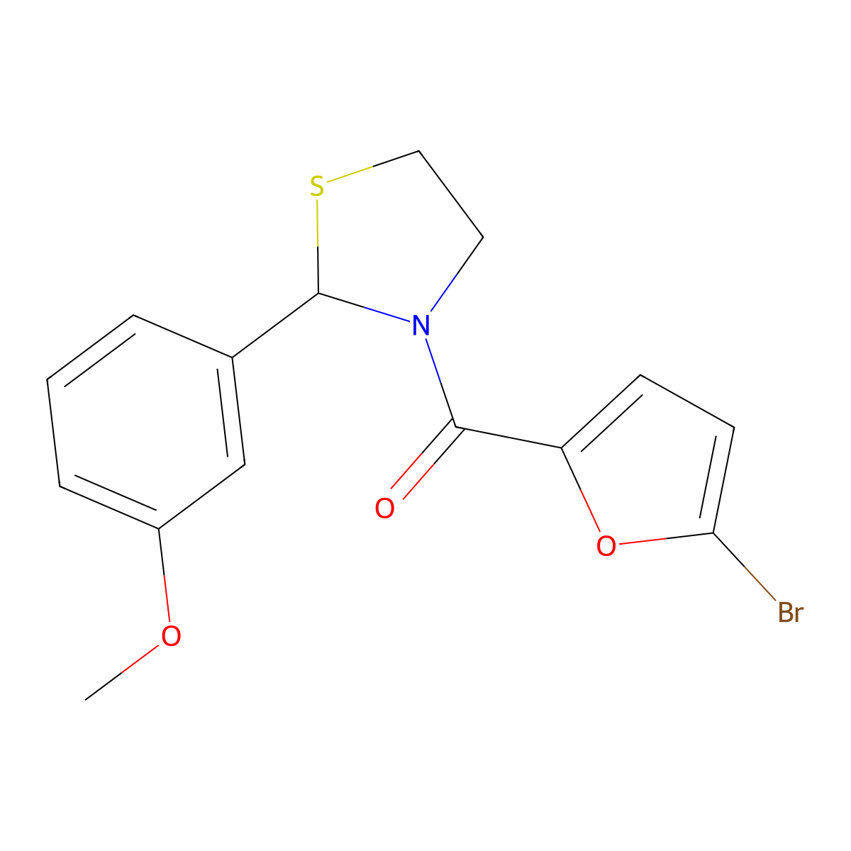 (5-Bromofuran-2-yl)(2-(3-methoxyphenyl)thiazolidin-3-yl)methanone molecular structure, CAS 2034484-67-6