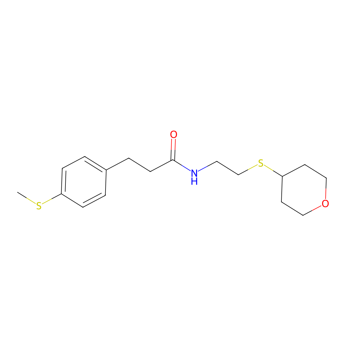 3-(4-(methylthio)phenyl)-N-(2-((tetrahydro-2H-pyran-4-yl)thio)ethyl)propanamide molecular structure, CAS 2034484-69-8