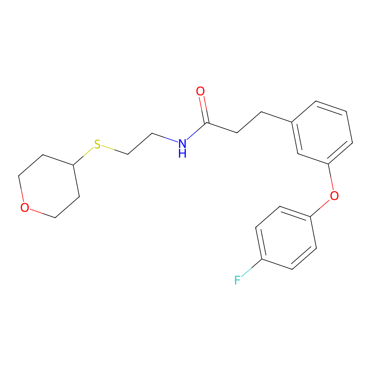 3-(3-(4-fluorophenoxy)phenyl)-N-(2-((tetrahydro-2H-pyran-4-yl)thio)ethyl)propanamide molecular structure, CAS 2034484-77-8