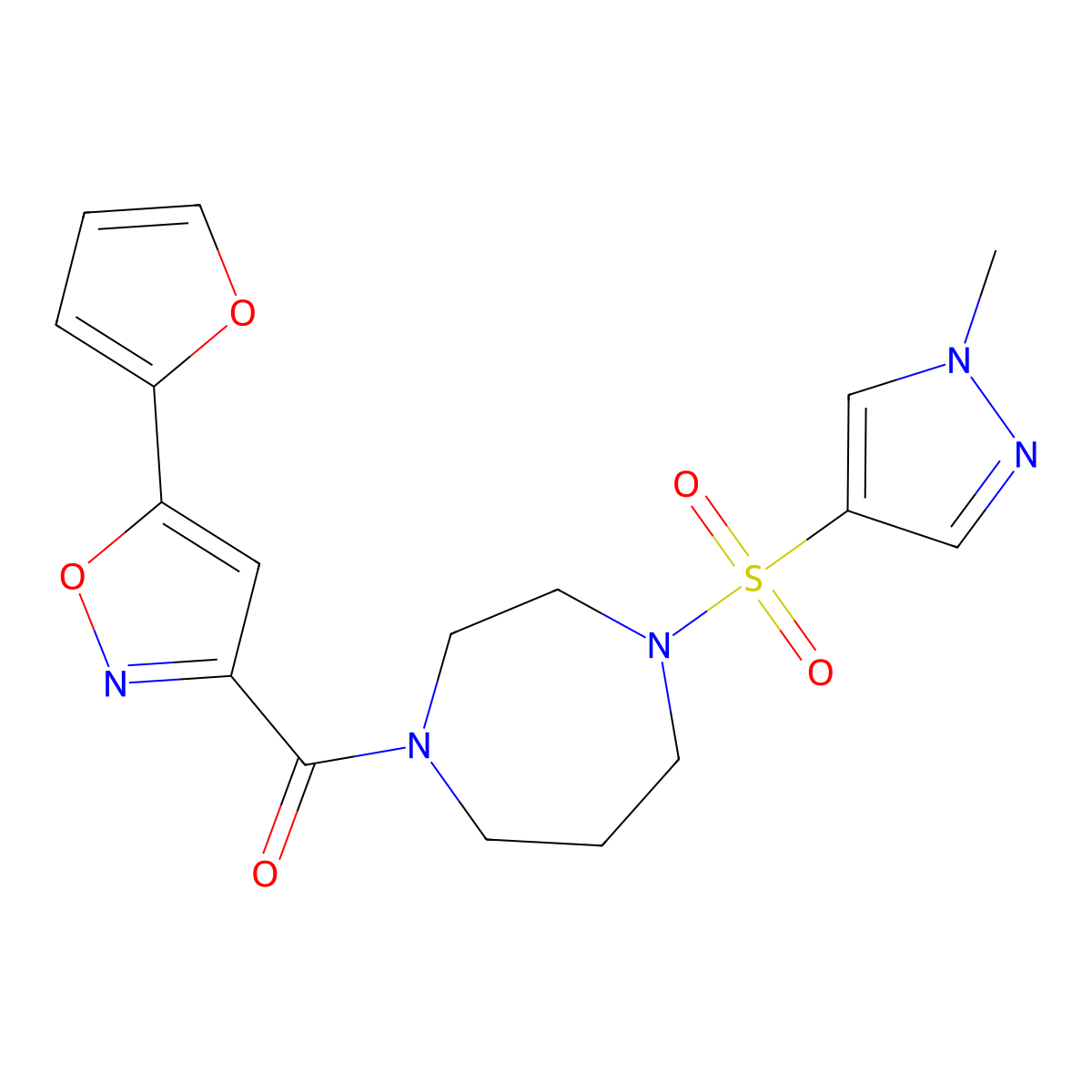 (5-(furan-2-yl)isoxazol-3-yl)(4-((1-methyl-1H-pyrazol-4-yl)sulfonyl)-1,4-diazepan-1-yl)methanone molecular structure, CAS 2034484-79-0