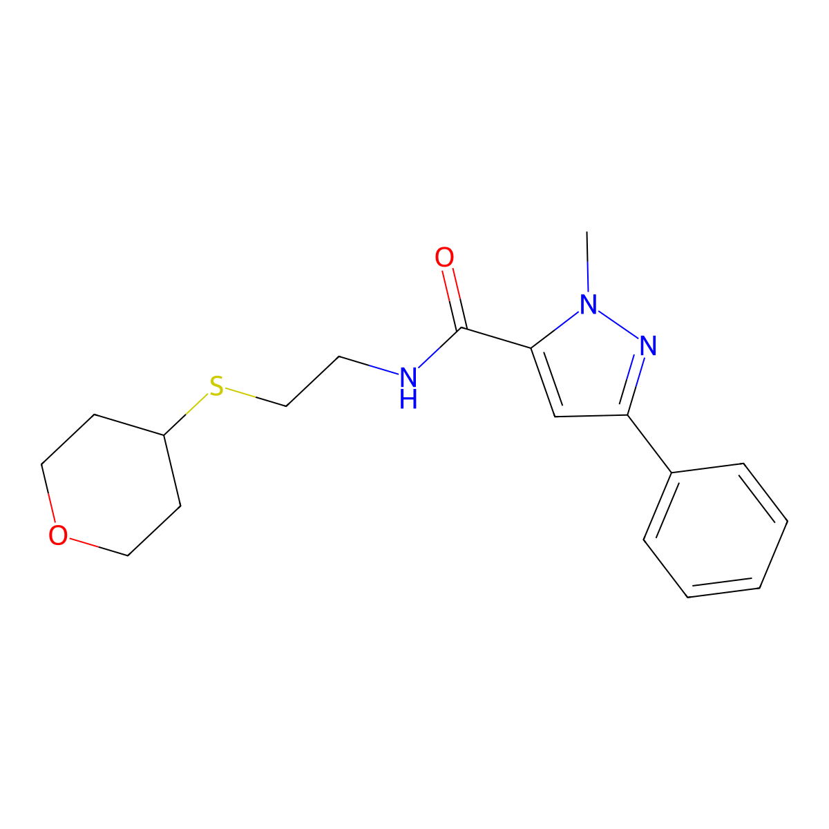 1-methyl-3-phenyl-N-(2-((tetrahydro-2H-pyran-4-yl)thio)ethyl)-1H-pyrazole-5-carboxamide molecular structure, CAS 2034484-83-6