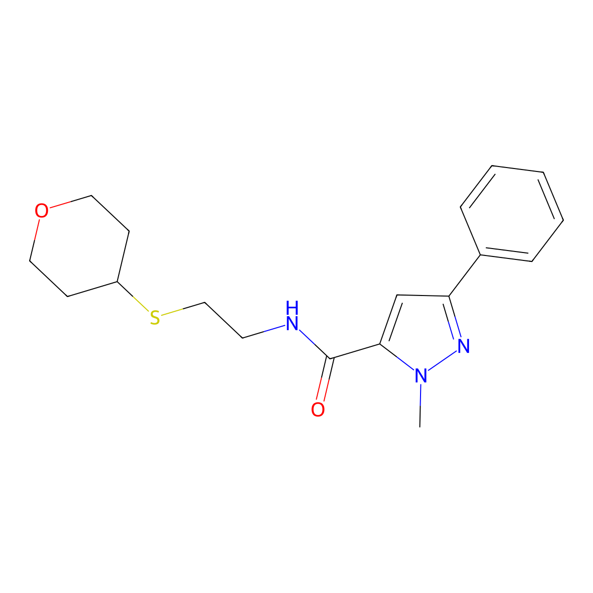 1-methyl-3-phenyl-N-(2-((tetrahydro-2H-pyran-4-yl)thio)ethyl)-1H-pyrazole-5-carboxamide molecular structure, CAS 2034484-83-6