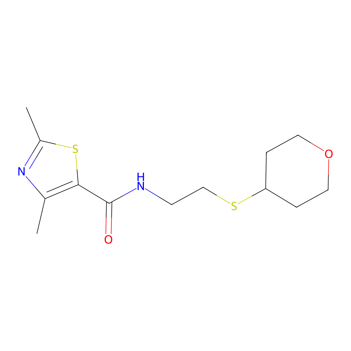 2,4-dimethyl-N-(2-((tetrahydro-2H-pyran-4-yl)thio)ethyl)thiazole-5-carboxamide molecular structure, CAS 2034484-92-7