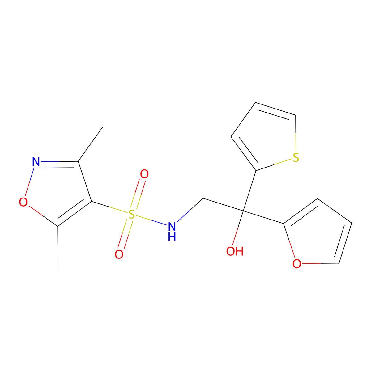 N-(2-(furan-2-yl)-2-hydroxy-2-(thiophen-2-yl)ethyl)-3,5-dimethylisoxazole-4-sulfonamide molecular structure, CAS 2034485-13-5