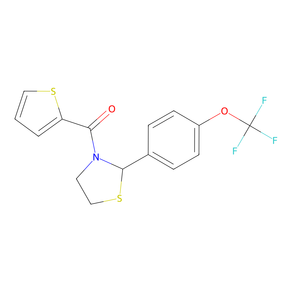Thiophen-2-yl(2-(4-(trifluoromethoxy)phenyl)thiazolidin-3-yl)methanone molecular structure, CAS 2034485-14-6