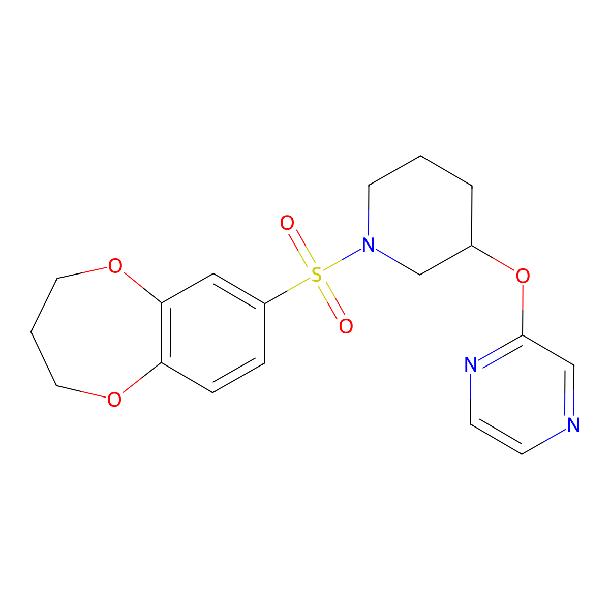 2-((1-((3,4-dihydro-2H-benzo[b][1,4]dioxepin-7-yl)sulfonyl)piperidin-3-yl)oxy)pyrazine molecular structure, CAS 2034485-20-4