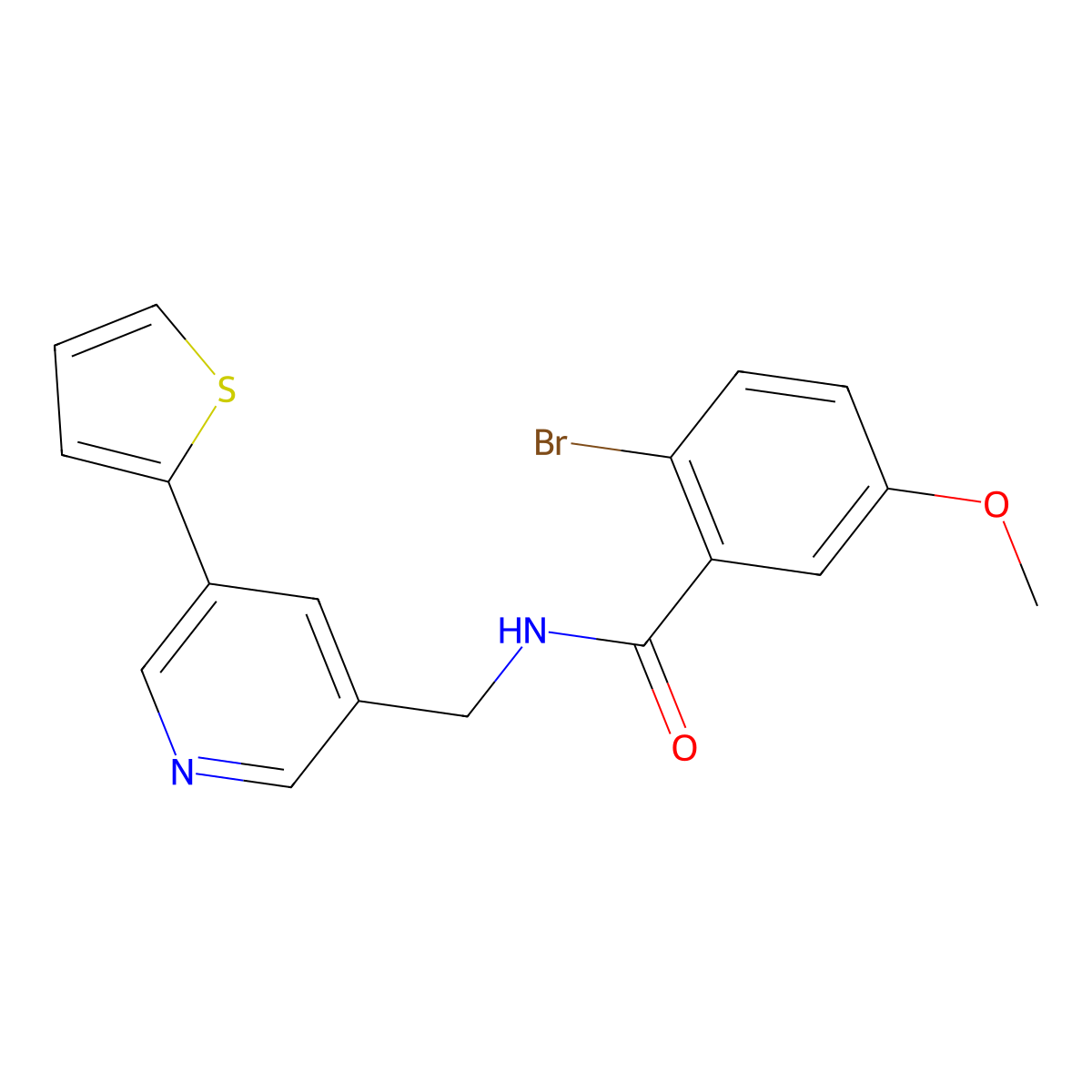 2-bromo-5-methoxy-N-((5-(thiophen-2-yl)pyridin-3-yl)methyl)benzamide molecular structure, CAS 2034485-29-3