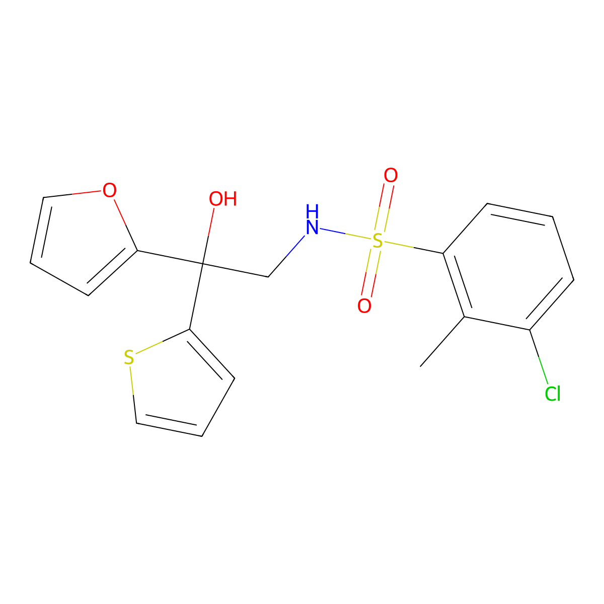 3-chloro-N-(2-(furan-2-yl)-2-hydroxy-2-(thiophen-2-yl)ethyl)-2-methylbenzenesulfonamide molecular structure, CAS 2034485-33-9