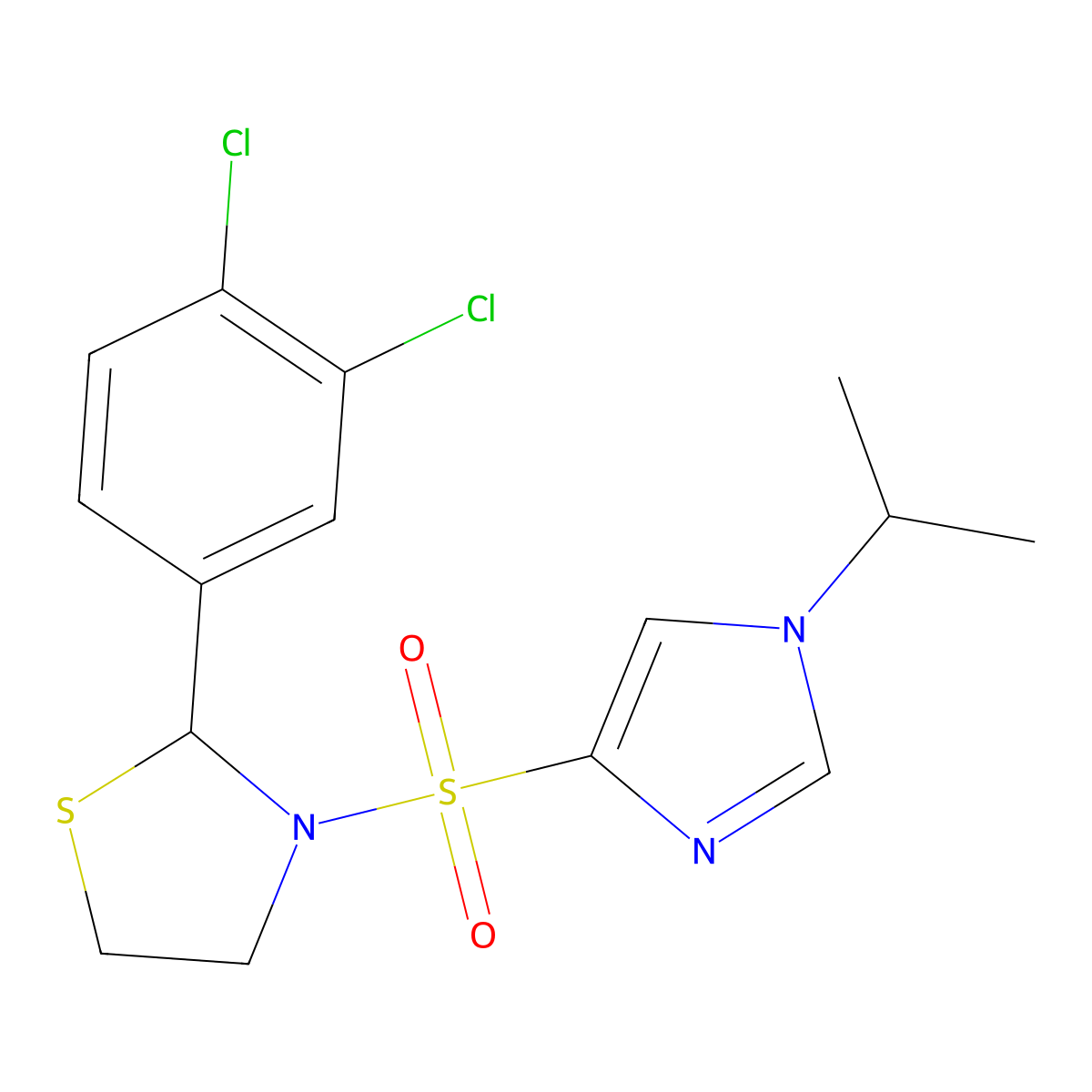 2-(3,4-dichlorophenyl)-3-((1-isopropyl-1H-imidazol-4-yl)sulfonyl)thiazolidine molecular structure, CAS 2034485-35-1
