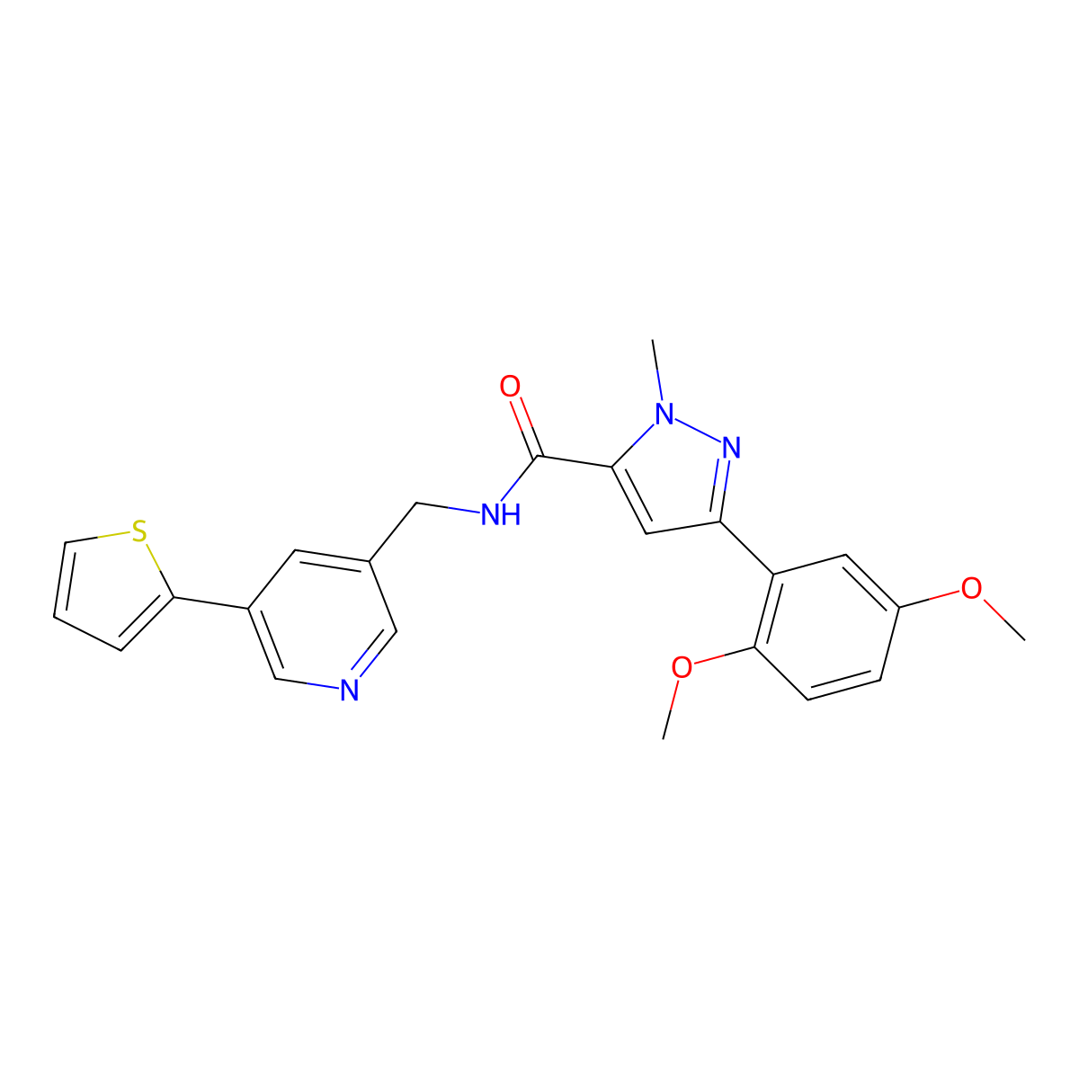 3-(2,5-dimethoxyphenyl)-1-methyl-N-((5-(thiophen-2-yl)pyridin-3-yl)methyl)-1H-pyrazole-5-carboxamide molecular structure, CAS 2034485-40-8