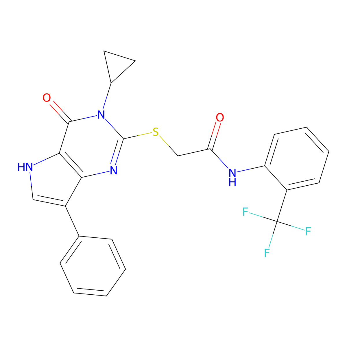2-((3-cyclopropyl-4-oxo-7-phenyl-4,5-dihydro-3H-pyrrolo[3,2-d]pyrimidin-2-yl)thio)-N-(2-(trifluoromethyl)phenyl)acetamide molecular structure, CAS 2034485-43-1