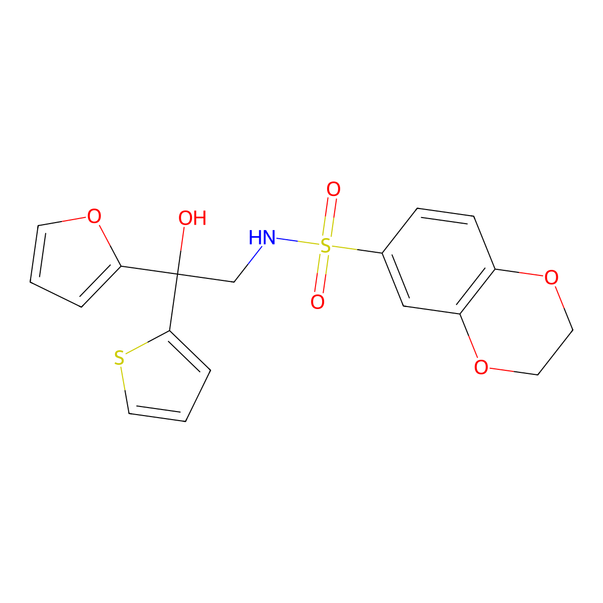 N-(2-(furan-2-yl)-2-hydroxy-2-(thiophen-2-yl)ethyl)-2,3-dihydrobenzo[b][1,4]dioxine-6-sulfonamide molecular structure, CAS 2034485-49-7