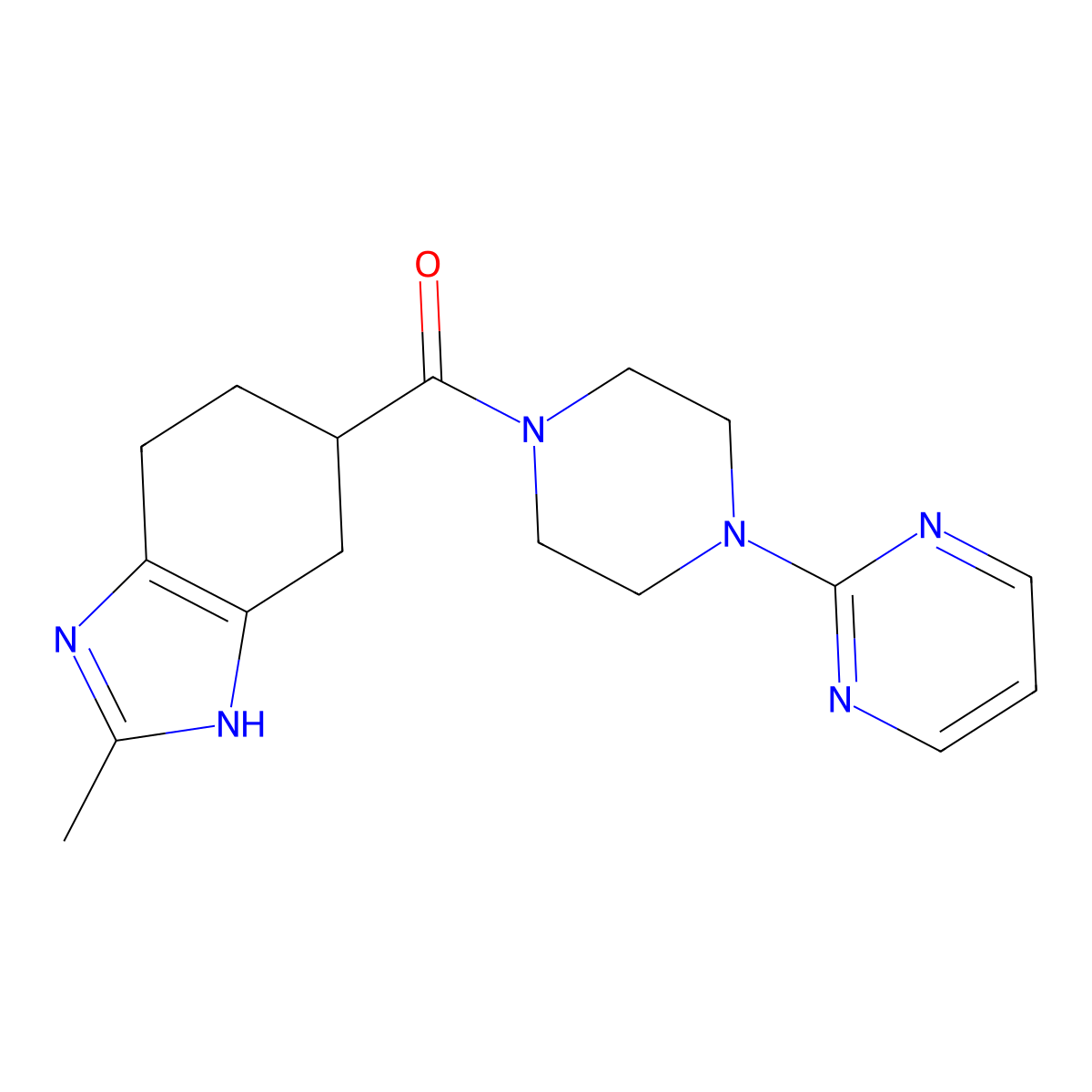 (2-methyl-4,5,6,7-tetrahydro-1H-benzo[d]imidazol-5-yl)(4-(pyrimidin-2-yl)piperazin-1-yl)methanone molecular structure, CAS 2034485-62-4
