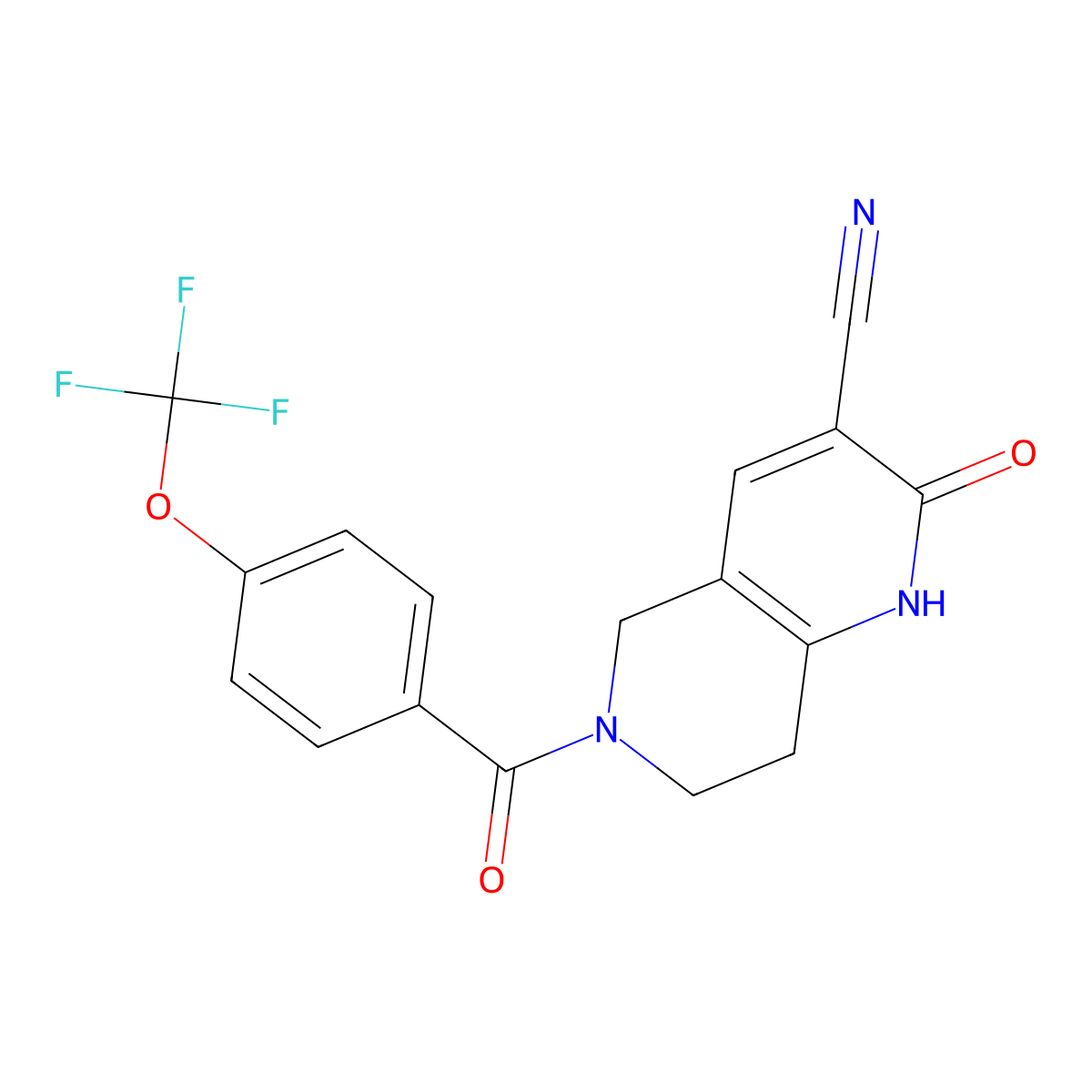2-Oxo-6-(4-(trifluoromethoxy)benzoyl)-1,2,5,6,7,8-hexahydro-1,6-naphthyridine-3-carbonitrile molecular structure, CAS 2034485-64-6