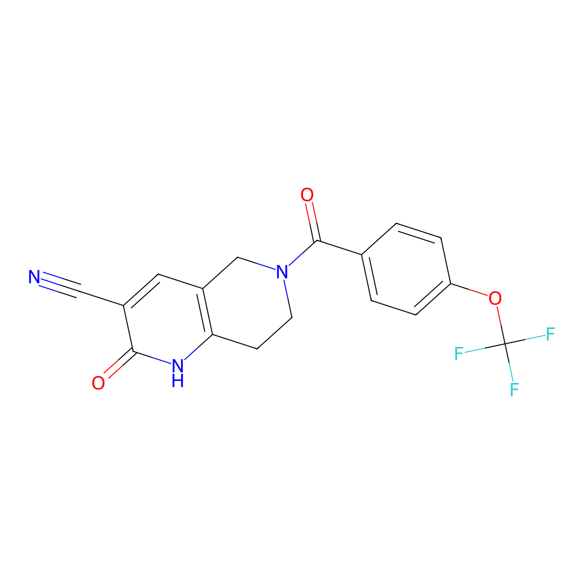 2-Oxo-6-(4-(trifluoromethoxy)benzoyl)-1,2,5,6,7,8-hexahydro-1,6-naphthyridine-3-carbonitrile molecular structure, CAS 2034485-64-6