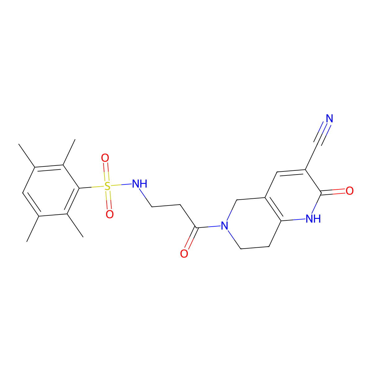 N-(3-(3-cyano-2-oxo-1,2,7,8-tetrahydro-1,6-naphthyridin-6(5H)-yl)-3-oxopropyl)-2,3,5,6-tetramethylbenzenesulfonamide molecular structure, CAS 2034485-67-9