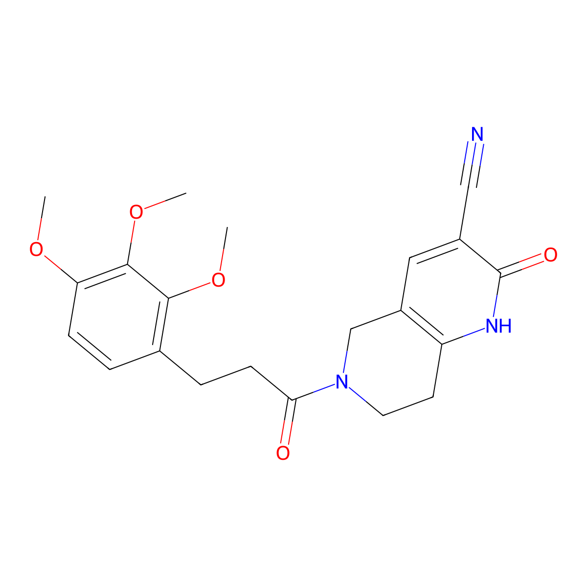2-Oxo-6-(3-(2,3,4-trimethoxyphenyl)propanoyl)-1,2,5,6,7,8-hexahydro-1,6-naphthyridine-3-carbonitrile molecular structure, CAS 2034485-73-7
