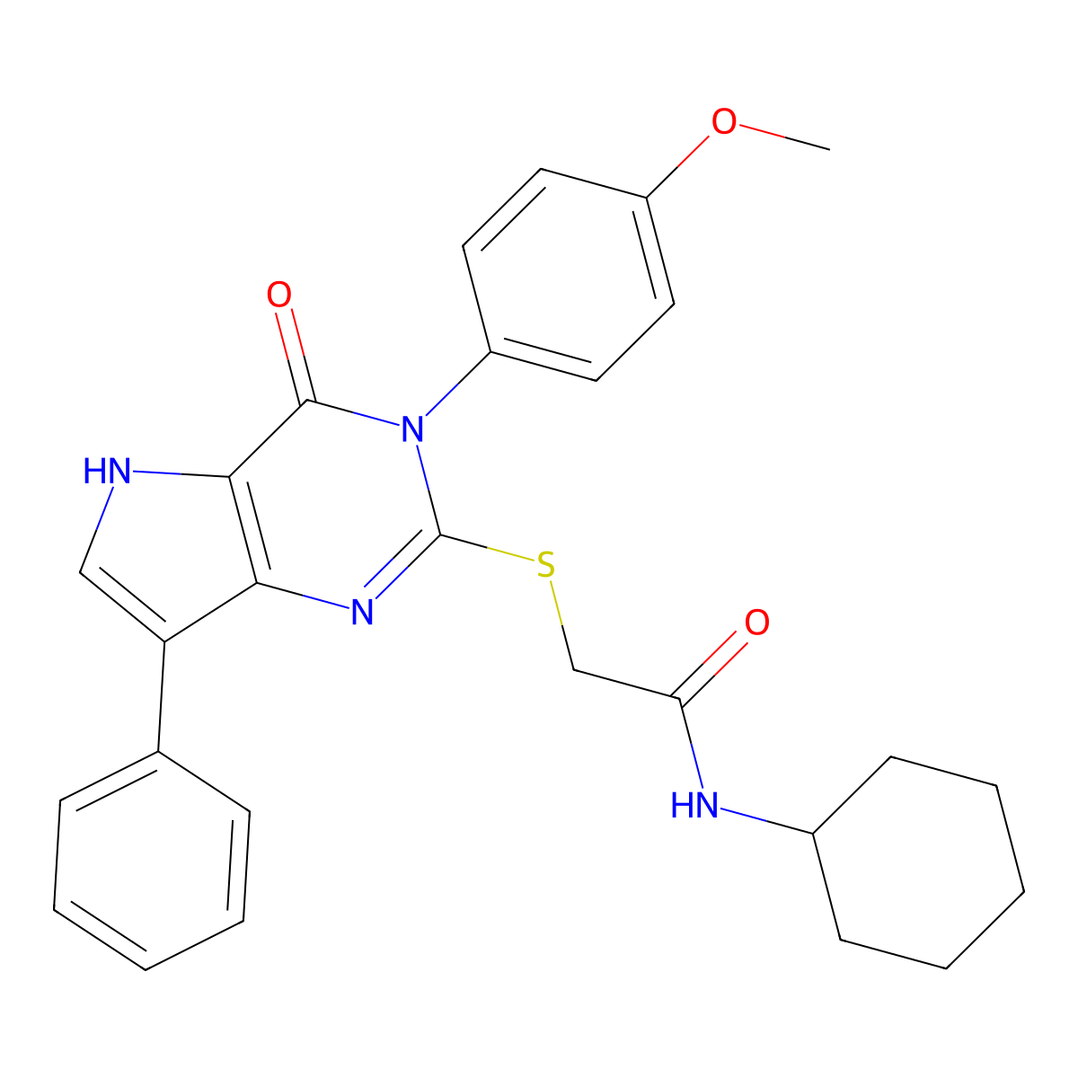 N-cyclohexyl-2-((3-(4-methoxyphenyl)-4-oxo-7-phenyl-4,5-dihydro-3H-pyrrolo[3,2-d]pyrimidin-2-yl)thio)acetamide molecular structure, CAS 2034485-82-8