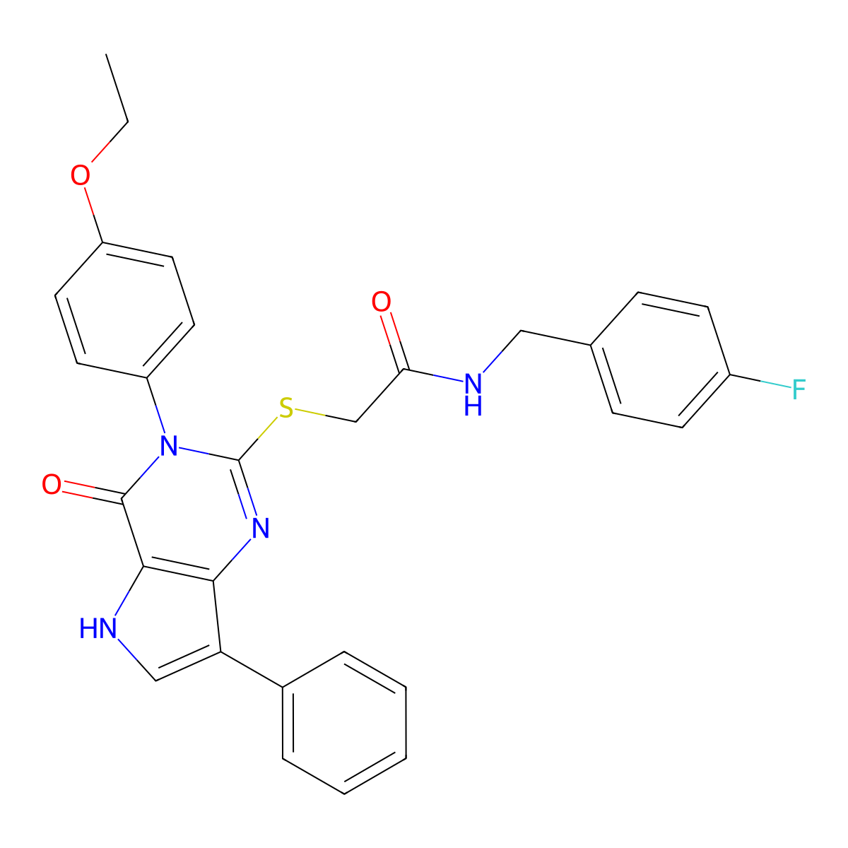 2-((3-(4-ethoxyphenyl)-4-oxo-7-phenyl-4,5-dihydro-3H-pyrrolo[3,2-d]pyrimidin-2-yl)thio)-N-(4-fluorobenzyl)acetamide molecular structure, CAS 2034486-00-3