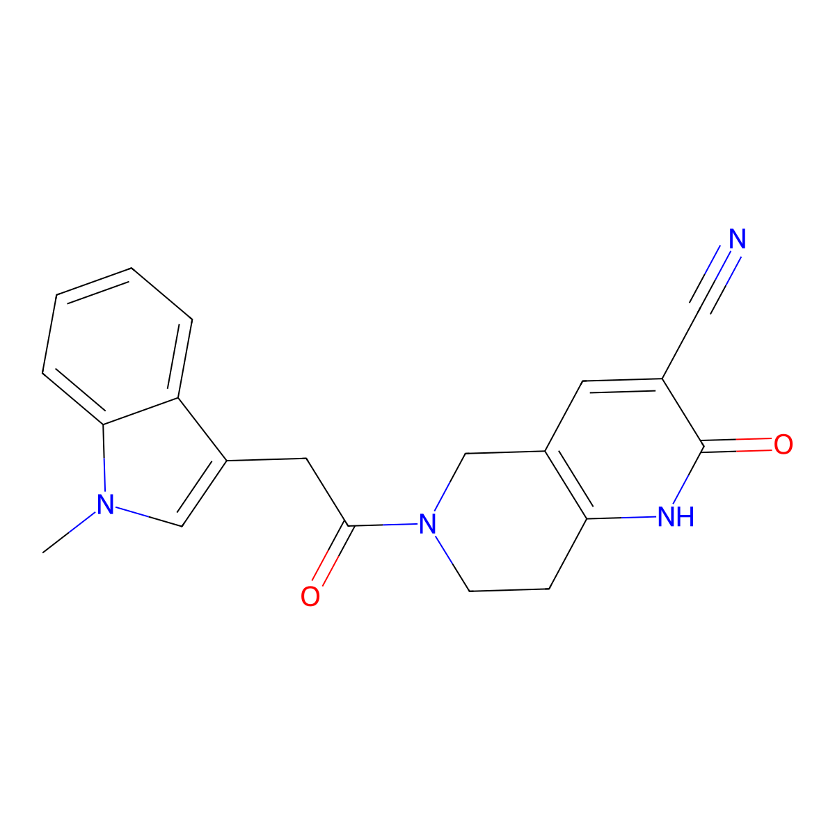 6-(2-(1-methyl-1H-indol-3-yl)acetyl)-2-oxo-1,2,5,6,7,8-hexahydro-1,6-naphthyridine-3-carbonitrile molecular structure, CAS 2034486-01-4