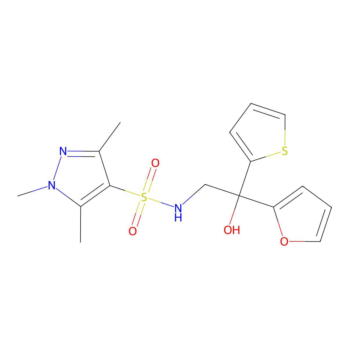 N-(2-(furan-2-yl)-2-hydroxy-2-(thiophen-2-yl)ethyl)-1,3,5-trimethyl-1H-pyrazole-4-sulfonamide molecular structure, CAS 2034486-07-0