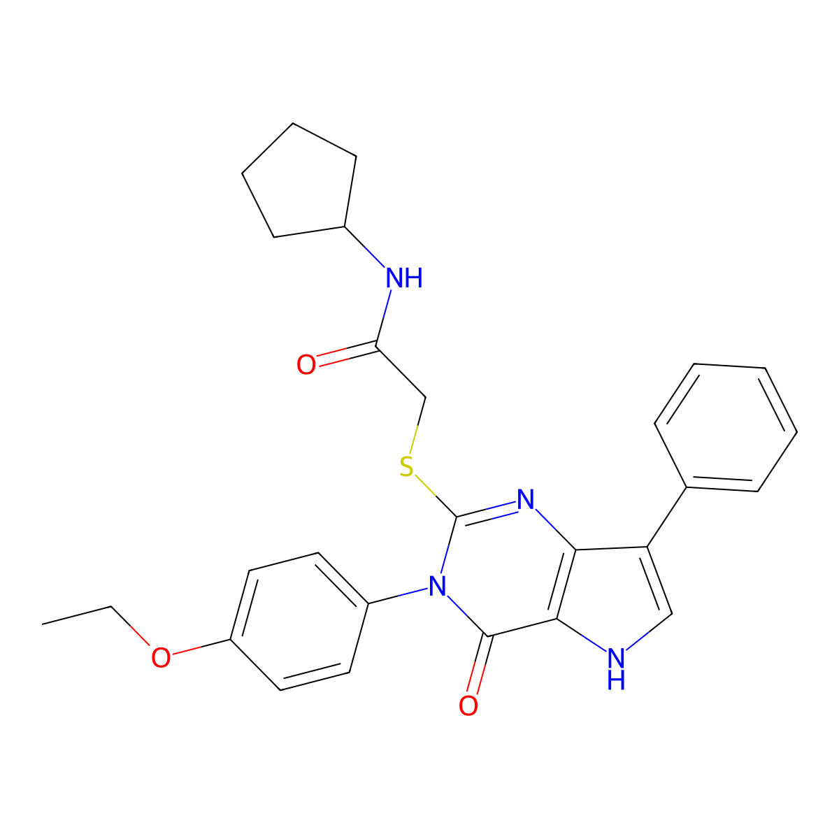 N-cyclopentyl-2-((3-(4-ethoxyphenyl)-4-oxo-7-phenyl-4,5-dihydro-3H-pyrrolo[3,2-d]pyrimidin-2-yl)thio)acetamide molecular structure, CAS 2034486-11-6