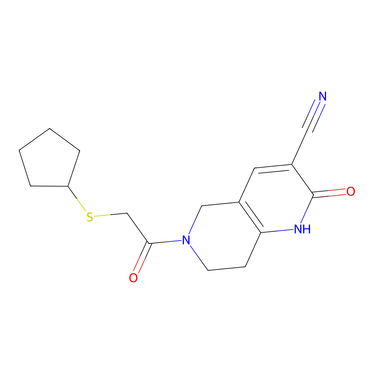 6-(2-(Cyclopentylthio)acetyl)-2-oxo-1,2,5,6,7,8-hexahydro-1,6-naphthyridine-3-carbonitrile molecular structure, CAS 2034486-12-7