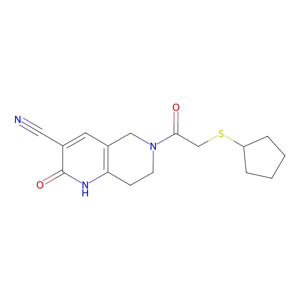 6-(2-(Cyclopentylthio)acetyl)-2-oxo-1,2,5,6,7,8-hexahydro-1,6-naphthyridine-3-carbonitrile molecular structure, CAS 2034486-12-7