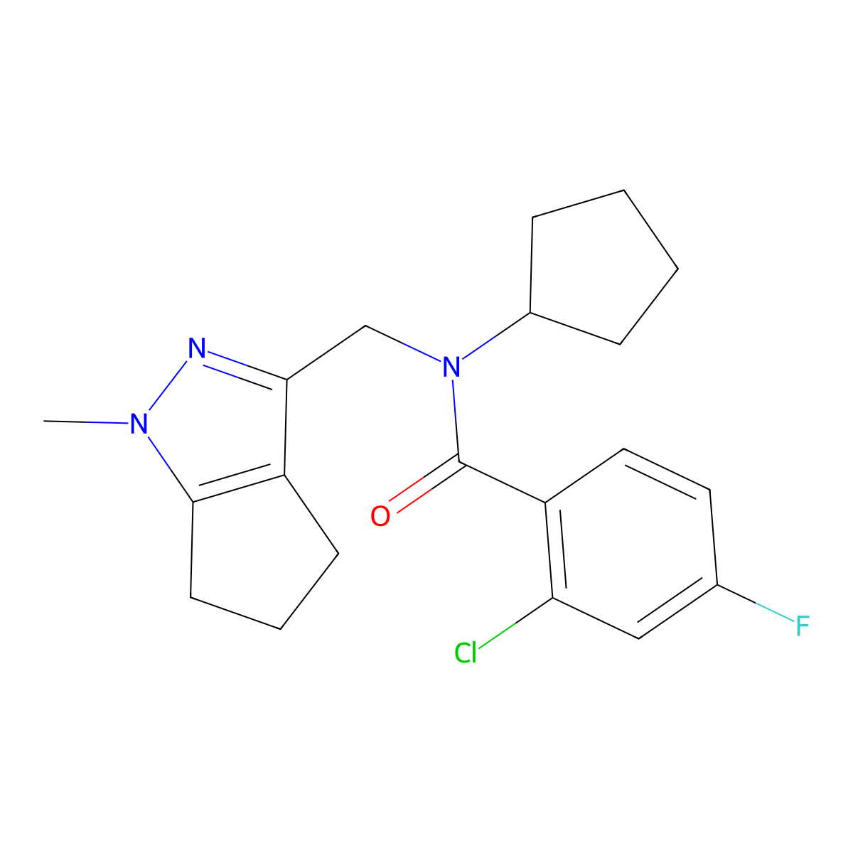 2-chloro-N-cyclopentyl-4-fluoro-N-((1-methyl-1,4,5,6-tetrahydrocyclopenta[c]pyrazol-3-yl)methyl)benzamide molecular structure, CAS 2034486-16-1