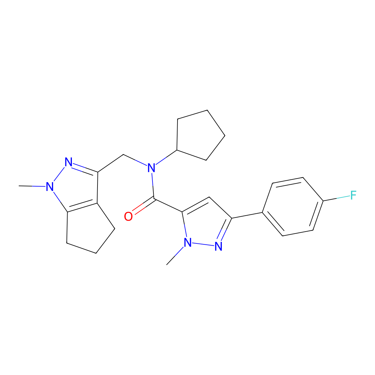 N-cyclopentyl-3-(4-fluorophenyl)-1-methyl-N-((1-methyl-1,4,5,6-tetrahydrocyclopenta[c]pyrazol-3-yl)methyl)-1H-pyrazole-5-carboxamide molecular structure, CAS 2034486-24-1
