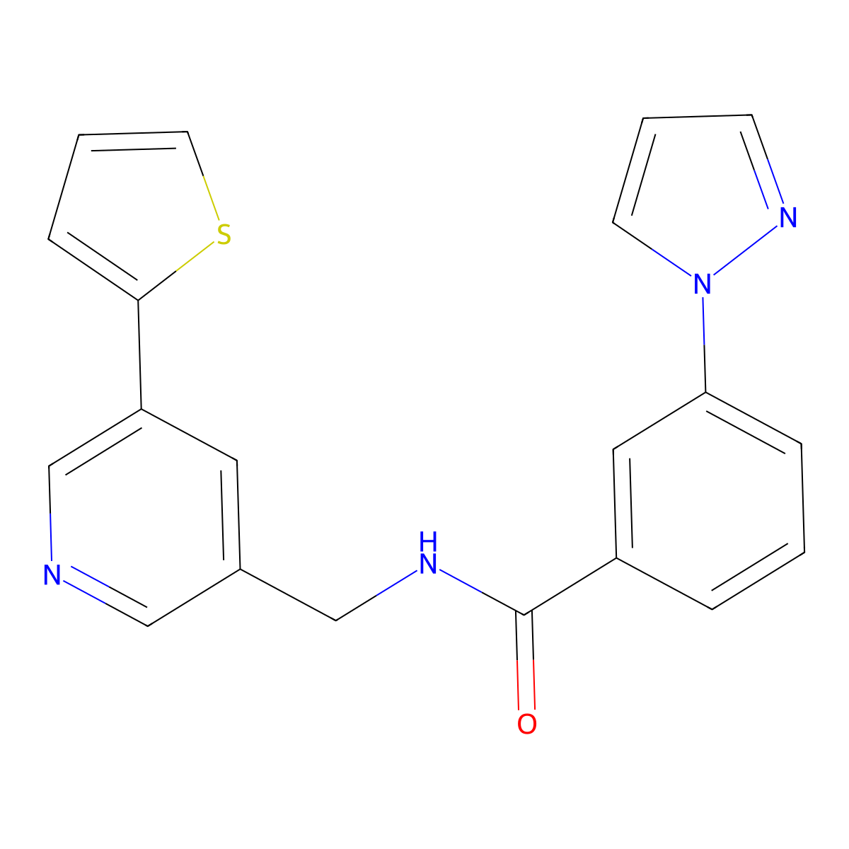 3-(1H-pyrazol-1-yl)-N-{[5-(thiophen-2-yl)pyridin-3-yl]methyl}benzamide molecular structure, CAS 2034486-32-1