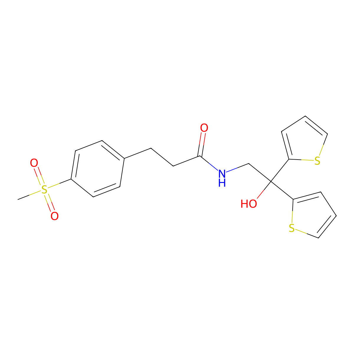 N-(2-hydroxy-2,2-di(thiophen-2-yl)ethyl)-3-(4-(methylsulfonyl)phenyl)propanamide molecular structure, CAS 2034486-33-2