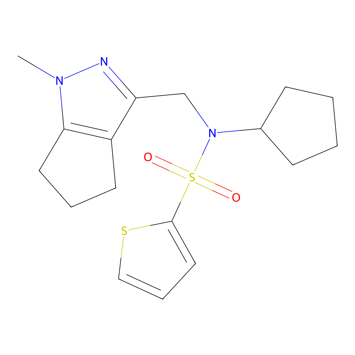 N-cyclopentyl-N-((1-methyl-1,4,5,6-tetrahydrocyclopenta[c]pyrazol-3-yl)methyl)thiophene-2-sulfonamide molecular structure, CAS 2034486-35-4