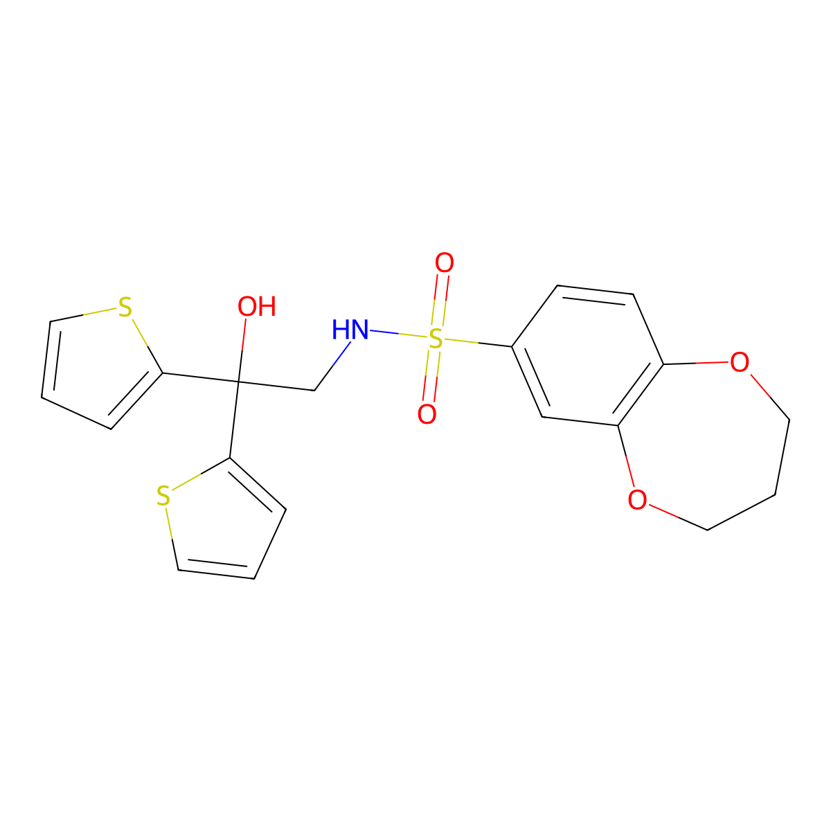 N-(2-hydroxy-2,2-di(thiophen-2-yl)ethyl)-3,4-dihydro-2H-benzo[b][1,4]dioxepine-7-sulfonamide molecular structure, CAS 2034486-44-5