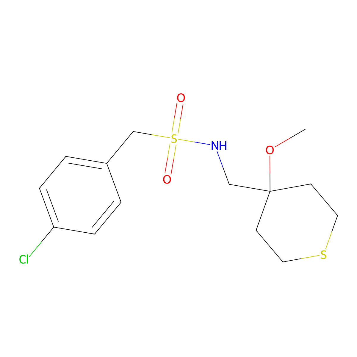 1-(4-chlorophenyl)-N-((4-methoxytetrahydro-2H-thiopyran-4-yl)methyl)methanesulfonamide molecular structure, CAS 2034486-54-7