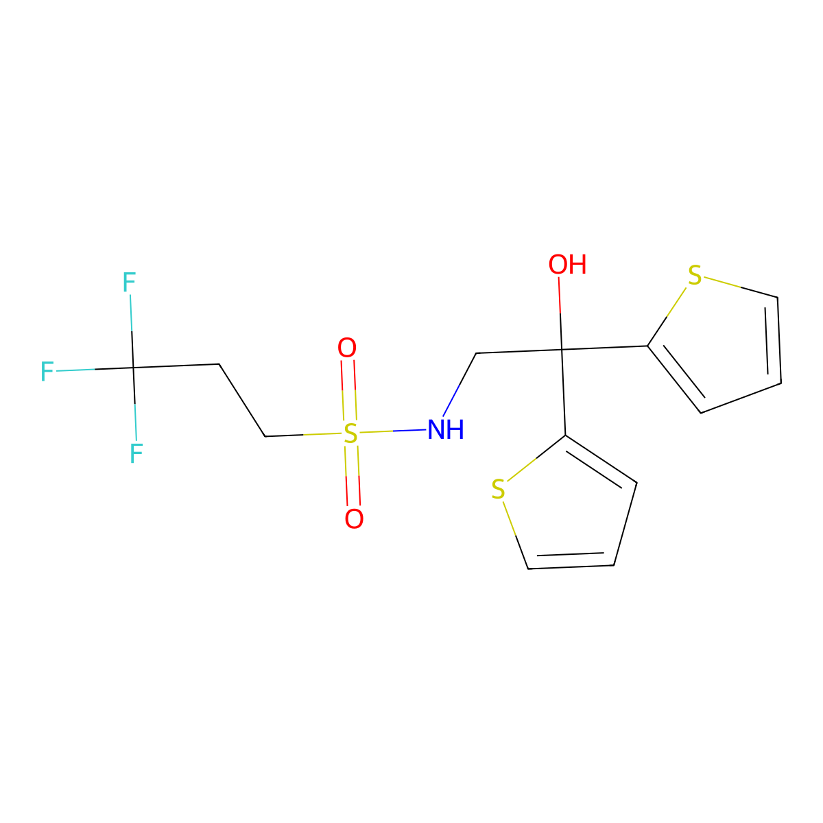 3,3,3-trifluoro-N-(2-hydroxy-2,2-di(thiophen-2-yl)ethyl)propane-1-sulfonamide molecular structure, CAS 2034486-56-9