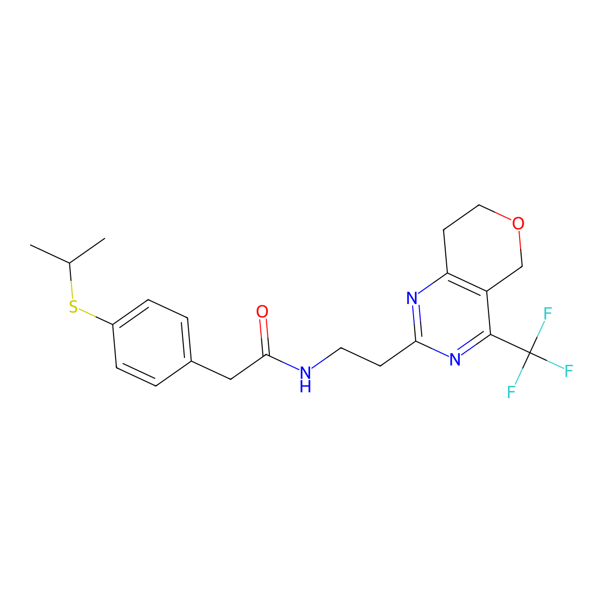 2-(4-(isopropylthio)phenyl)-N-(2-(4-(trifluoromethyl)-7,8-dihydro-5H-pyrano[4,3-d]pyrimidin-2-yl)ethyl)acetamide molecular structure, CAS 2034486-67-2