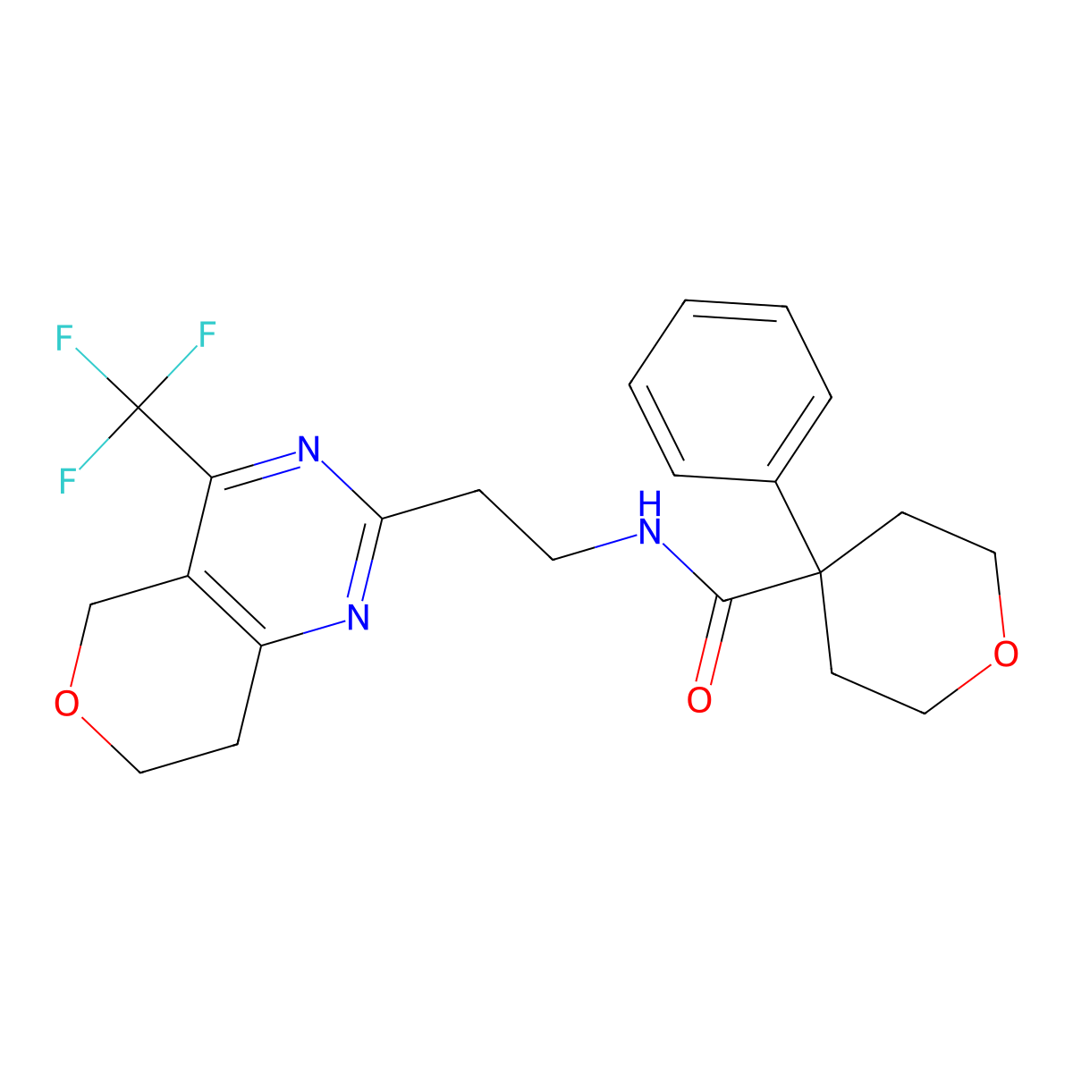4-phenyl-N-(2-(4-(trifluoromethyl)-7,8-dihydro-5H-pyrano[4,3-d]pyrimidin-2-yl)ethyl)tetrahydro-2H-pyran-4-carboxamide molecular structure, CAS 2034486-72-9