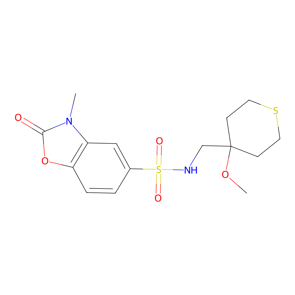 N-((4-methoxytetrahydro-2H-thiopyran-4-yl)methyl)-3-methyl-2-oxo-2,3-dihydrobenzo[d]oxazole-5-sulfonamide molecular structure, CAS 2034486-74-1