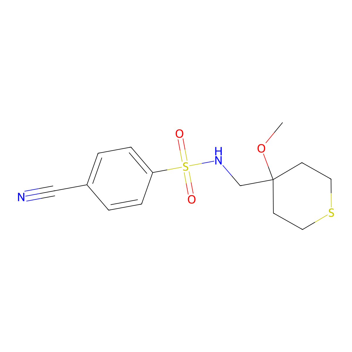 4-cyano-N-((4-methoxytetrahydro-2H-thiopyran-4-yl)methyl)benzenesulfonamide molecular structure, CAS 2034486-82-1