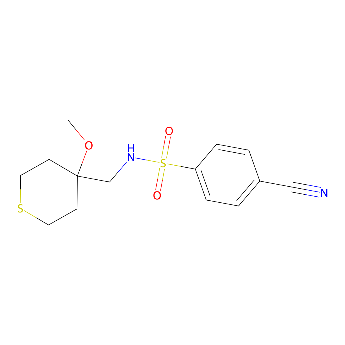 4-cyano-N-((4-methoxytetrahydro-2H-thiopyran-4-yl)methyl)benzenesulfonamide molecular structure, CAS 2034486-82-1