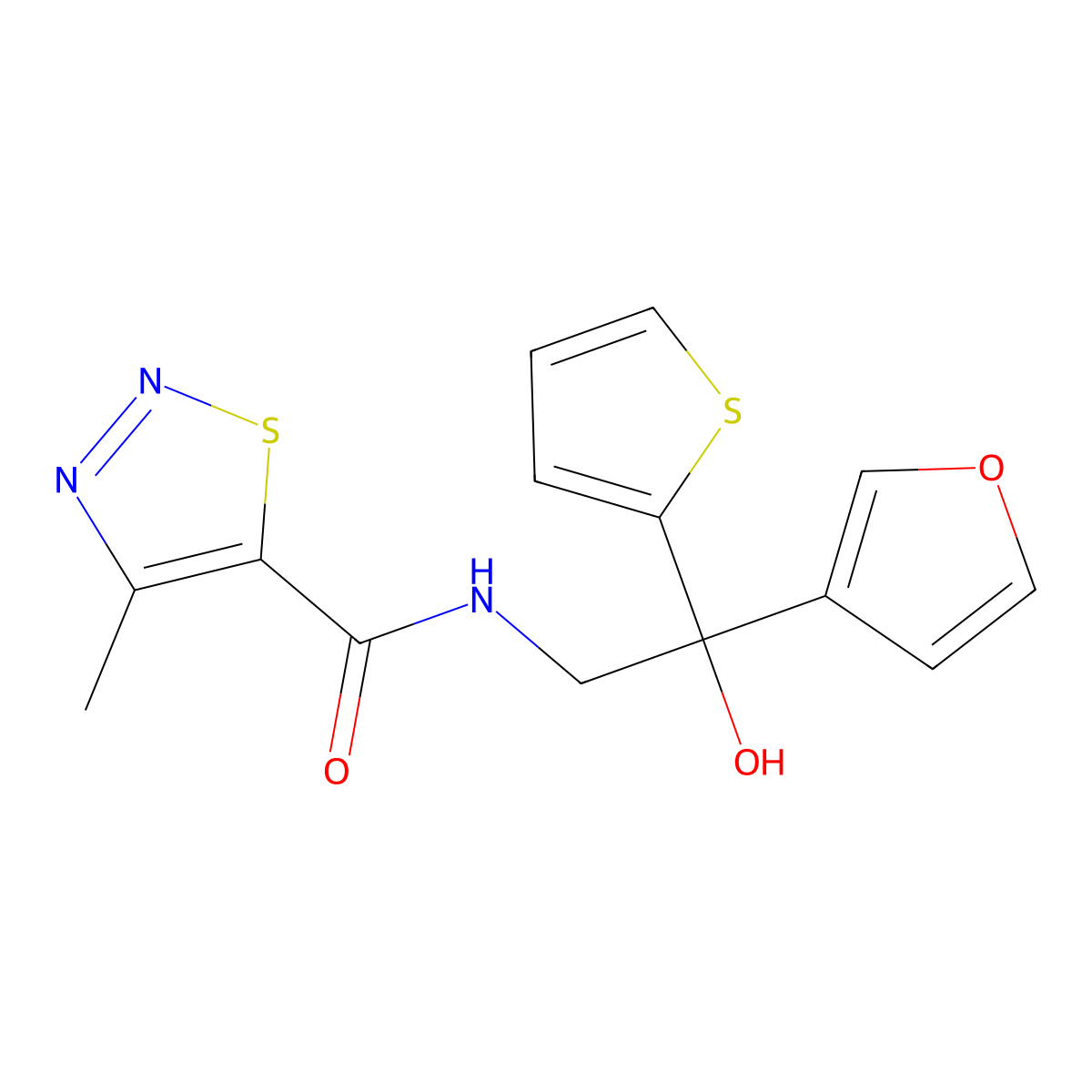 N-(2-(furan-3-yl)-2-hydroxy-2-(thiophen-2-yl)ethyl)-4-methyl-1,2,3-thiadiazole-5-carboxamide molecular structure, CAS 2034486-95-6