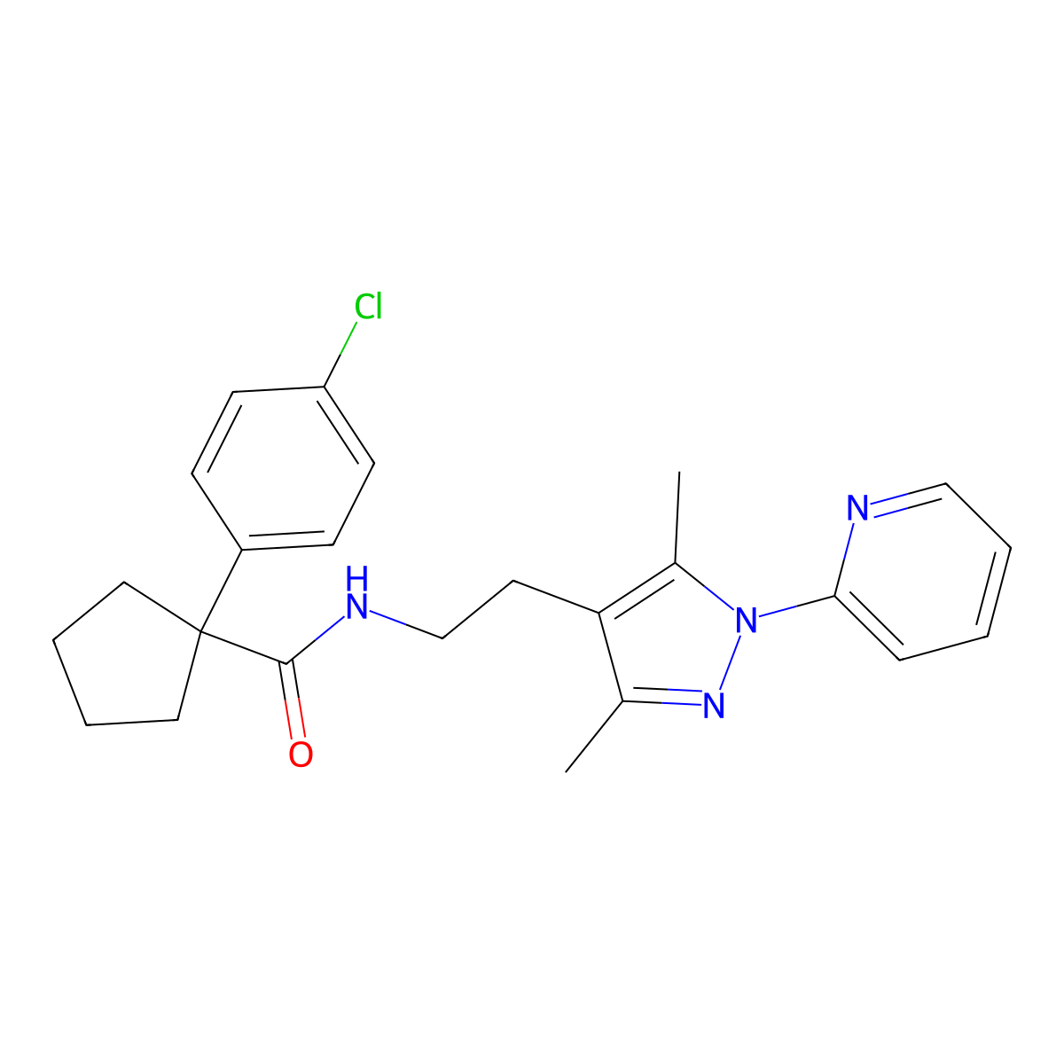 1-(4-chlorophenyl)-N-(2-(3,5-dimethyl-1-(pyridin-2-yl)-1H-pyrazol-4-yl)ethyl)cyclopentanecarboxamide molecular structure, CAS 2034487-08-4